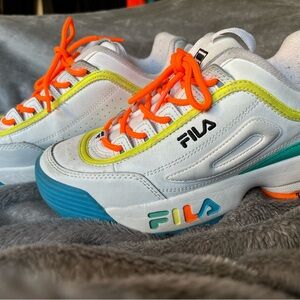 FILA White Athletic Sneakers with Neon Orange Laces and Teal & Yellow Accents